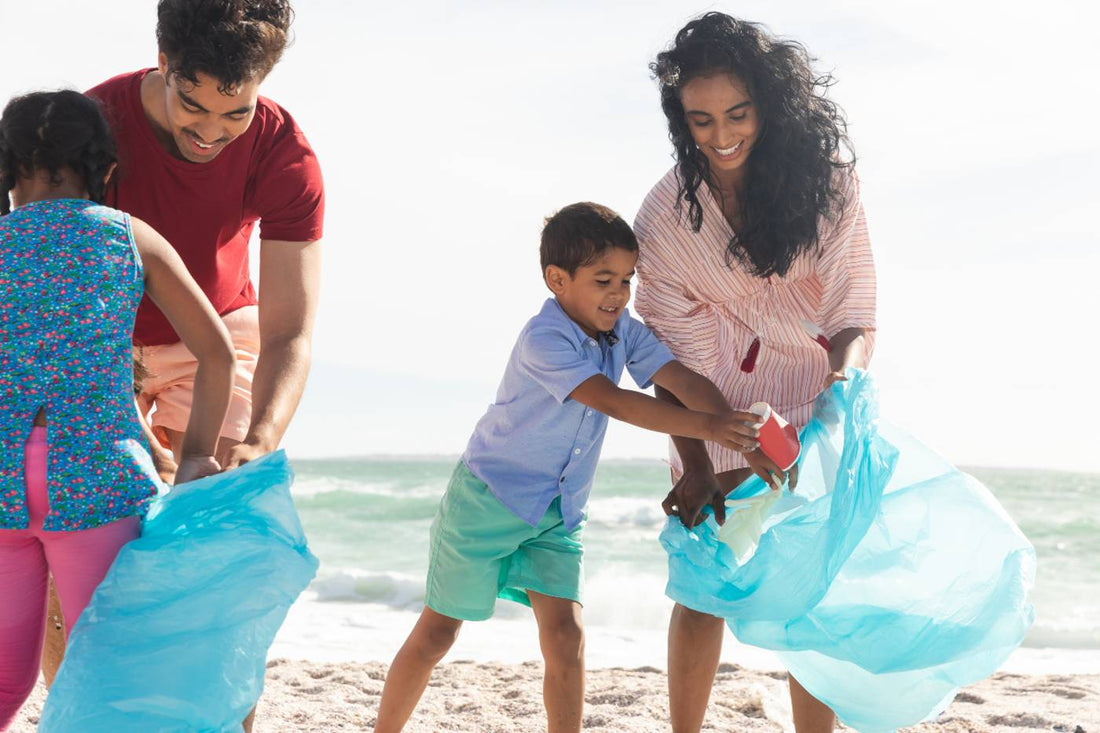 family acts of kindness: family cleaning beach