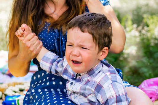 A mother with a crying toddler